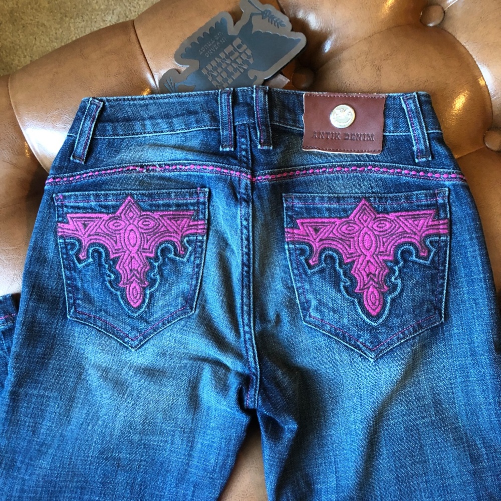 Antik Denim Boot Cut Jeans - Dark Blue with Magenta Embroidery